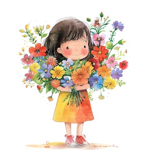 Imágenes prediseñadas del día de las madres Niña con un ramo de flores paquete de imágenes prediseñadas Floral Clipart 12 JPGs de alta calidad Tarjeta de primavera Regalo del día de las madres