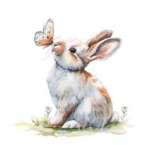 Bunny Clipart Bunny with Butterfly Bunny Watercolor clipart Cute bunny 12 JPGs Commercial use Clip Art Digital Download Digital Planner