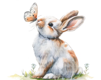 Bunny Clipart Bunny with Butterfly Bunny Watercolor clipart Cute bunny 12 JPGs Commercial use Clip Art Digital Download Digital Planner
