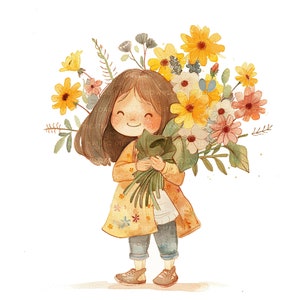 Niña con un ramo de flores Día de las madres clipart flores paquete de imágenes prediseñadas Floral Clipart 12 JPGs de alta calidad Tarjeta Regalo del día de las madres