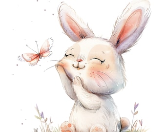Bunny Clipart Bunny with Butterfly Happy Easter Bunny clipart Cute bunny 12 JPGs Commercial use Clip art Digital Download Card Making