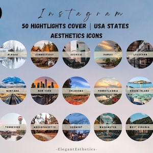 50 Amerikaanse staten hoogtepunten covers|Minimale Instagram-verhaalpictogrammen|VS-reiscovers|Aesthetic States-bundel|Reisverhaalpictogrammen|Moderne staten