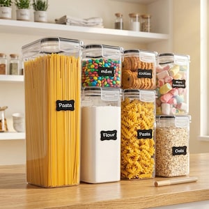 Puede incluir: Un juego de siete recipientes rectangulares de plástico transparente con tapas herméticas y etiquetas negras estilo pizarra. Los recipientes contienen espaguetis, caramelos de colores, galletas, harina, pasta, nubes y copos de avena.
