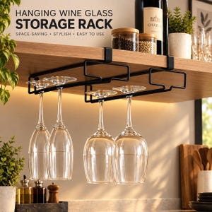 Under Cabinet Wine Glass Holder, Hanging Stemware Rack, No Drill Wine Glass Storage Organizer, Black White Metal Bar Shelf, Kitchen Decor