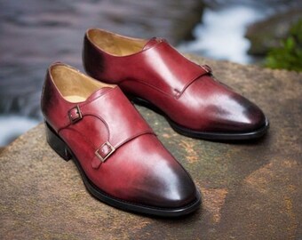 Limited Edition Red Leather Black Polishing Toe Handmade Men's Monk Shoes