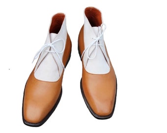 Men's Designer Handmade Tan Brown White Leather Chukka Dress Boot Ankle High Lace up Boot for men's long marching boots