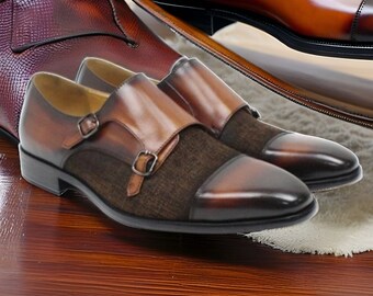 Handmade Men Burnished Brown Double Monk Strap Dress Shoes, Real Leather Leather and Suede Shoes