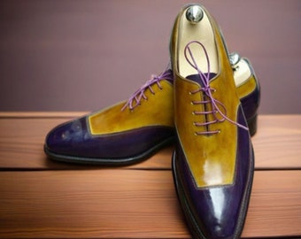 Nouvelles chaussures élégantes en cuir pour hommes faites main, chaussures décontractées pour hommes à lacets beiges violettes