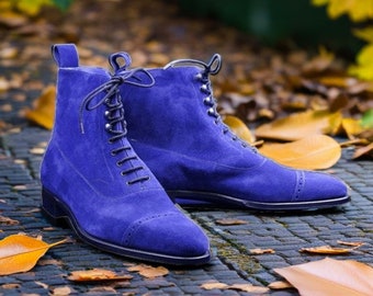 Men's Premium Royal Blue Suede Cap Toe Ankle High Boots Handcrafted Stylish Lace Up Luxury Leather Boots
