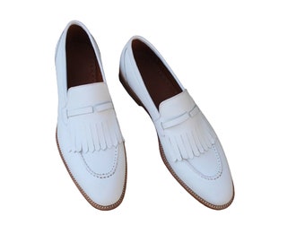 Handmade White Fringes Loafers Dress Shoes For Men Loafer Genuine Leather Shoes Handcrafted Formal Leather Loafer Shoes Men Fashion