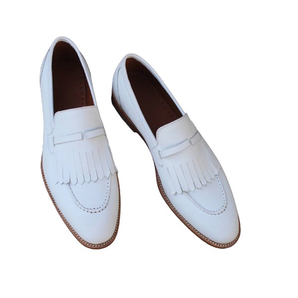 Handmade White Fringes Loafers Dress Shoes For Men Loafer Genuine Leather Shoes Handcrafted Formal Leather Loafer Shoes Men Fashion