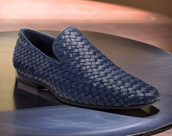 New Men’s Leather Shoes, Formal Blue Weave Leather Slip on Loafer Shoes Men Tan Brown Shoes Slip on Loafer Shoes