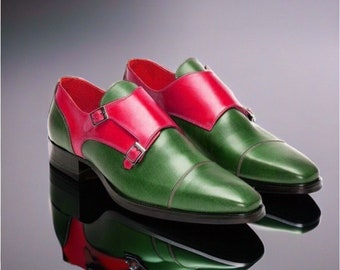 Handmade Men's Green and Red Double Monk Strap Superior Leather Party Shoes Men Fashion