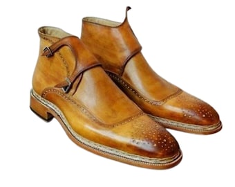 Bottines hautes en cuir pour hommes faites à la main, bottes brogue de couleur marron pour hommes