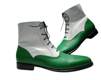 New Handmade Green Leather and White Leather Dress Boot, Men Ankle High Boot Men Style