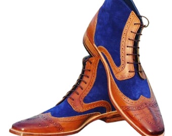 Handmade Ankle High Leather Suede Men Boots Dress Fashion Wing Tip Brogue Formal Boots