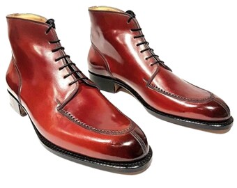 Bota alta con cordones de cuero cordobés rojo hecha a mano de diseñador para hombre para botas largas de marcha para hombre