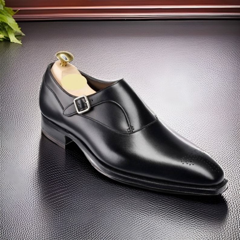 Handmade Men Black Shoes, Single Monk Strap Shoes, Men Formal Monk Shoes image 2
