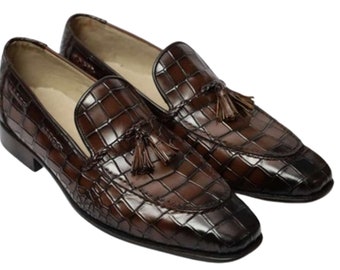 Handmade Brown Crocodile Texture Leather Tassel Loafers Shoes Men Dress Boots