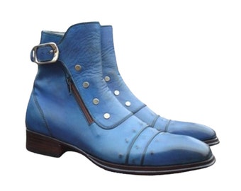 Handmade Blue Leather Ankle High Combat Buckle Boot with Zipper and Button Ghost Style