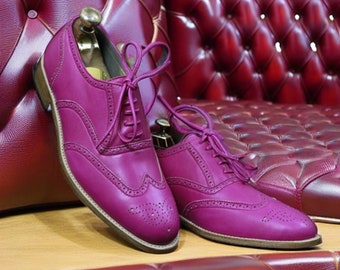Handmade Formal Shoes Pink Leather Lace Up Style Wing Tip Dress & Formal Wear Shoes For Handmade Lovers Men Style Shoes