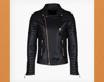 Retro Mens Biker Vintage Motorcycle Slim fit Racer Genuine Leather Jacket Black