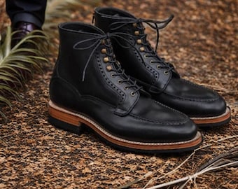 New Handmade Men Genuine Leather Black Lace Up Ankle High Boot, Black Leather Boot