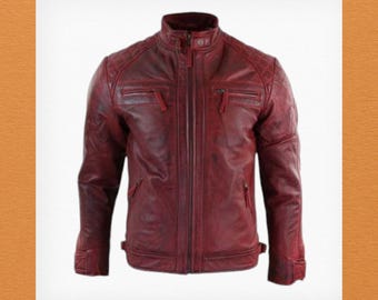 Men's Red Leather Jacket - Bomber Leather Jacket Bespoke Lambskin Vintage Jacket