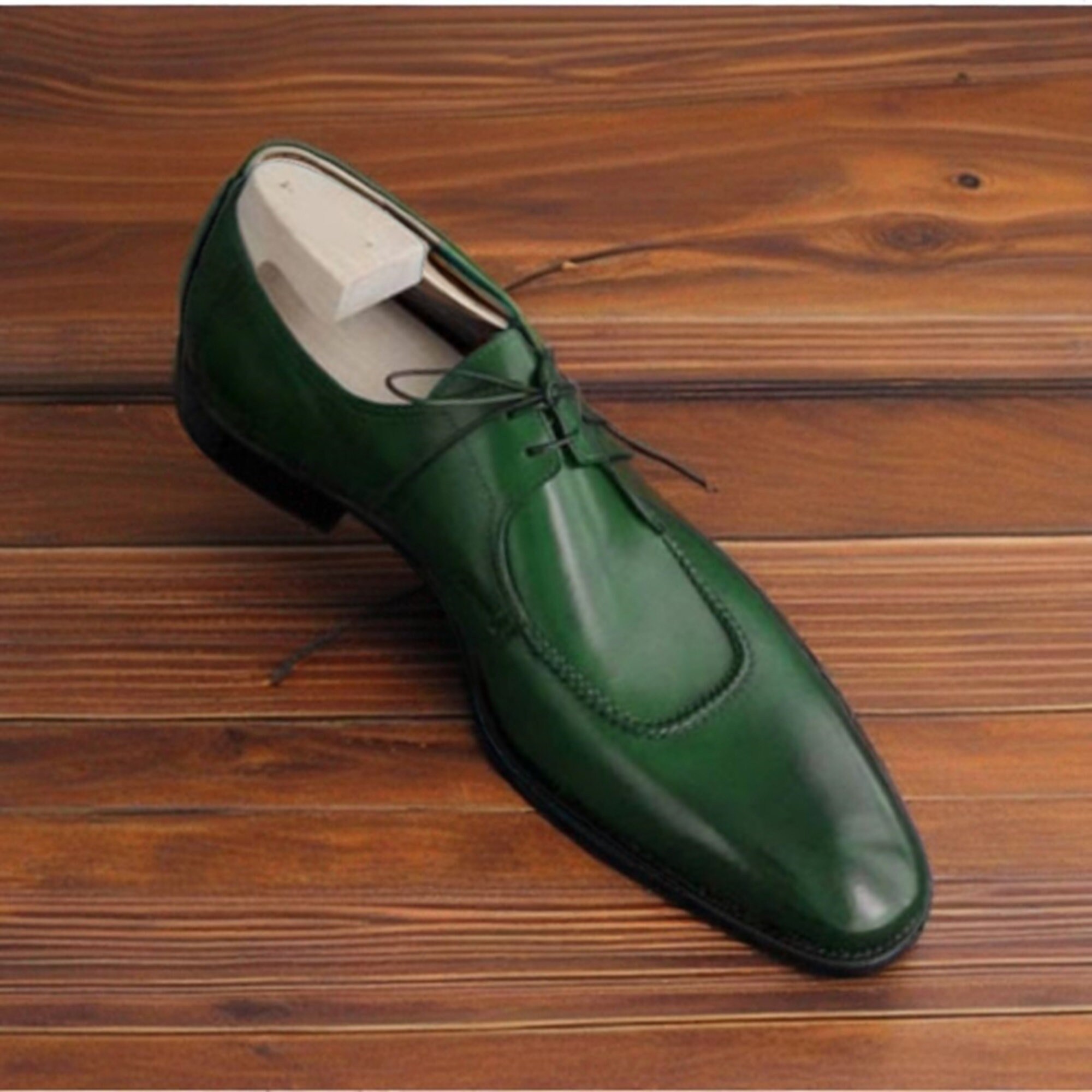 Men’s Olive Green Woven Leather Lace-Up Shoes Paul Parkman Ghillie Lacing Handsewn Shoes Green (ID#022  main image 3