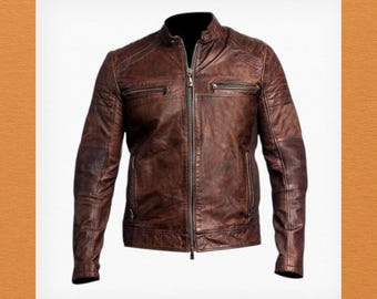 Brown Cafe Racer Vintage Distressed Retro Biker Motorcycle Real Genuine Leather Jacket