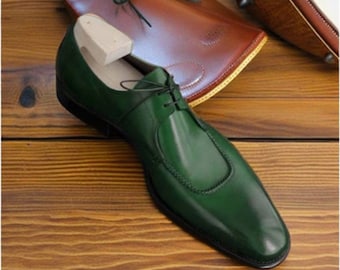 Handmade Men Green Leather Casual Lace Up Dress Shoes Men Fashion