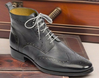 Handmade Gray Black Wing tip Brogue Ankle Boots Men's Leather Boots Handcrafted Stylish Lace Up Luxury Leather Boots