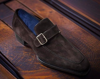 Handmade Men Brown Suede Leather Shoes, Single Monk Strap Shoes, Men Formal Monk Shoes