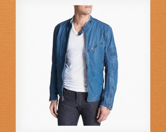 Men's Light Blue Biker Slim Fit Tab Collar Genuine Leather Handcrafted Jacket