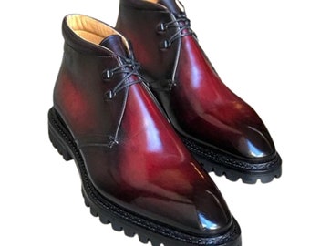 Men's Designer Handmade Burgundy Color Leather Ankle High Lace up Boot for men's long marching boots