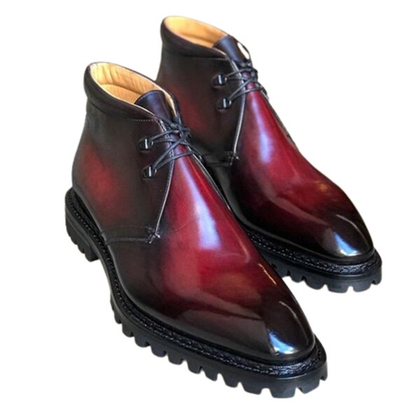 Men's Designer Handmade Burgundy Color Leather Ankle High Lace up Boot for men's long marching boots