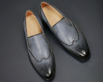 Men's Premium Grey Leather Wingtip Slip On Loafers Handcrafted Brogue Formal Leather Loafers Slip on Loafer Shoes Men Fashion
