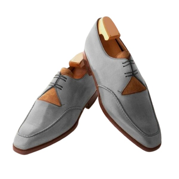 Men's Handmade Tan and Gray Leather New Edition Split Design Handmade Lace Up Shoes Men Fashion