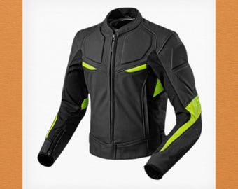 Men Black Motor Biker Yellow Stripes Genuine Cowhide Leather Safety Pads Jacket