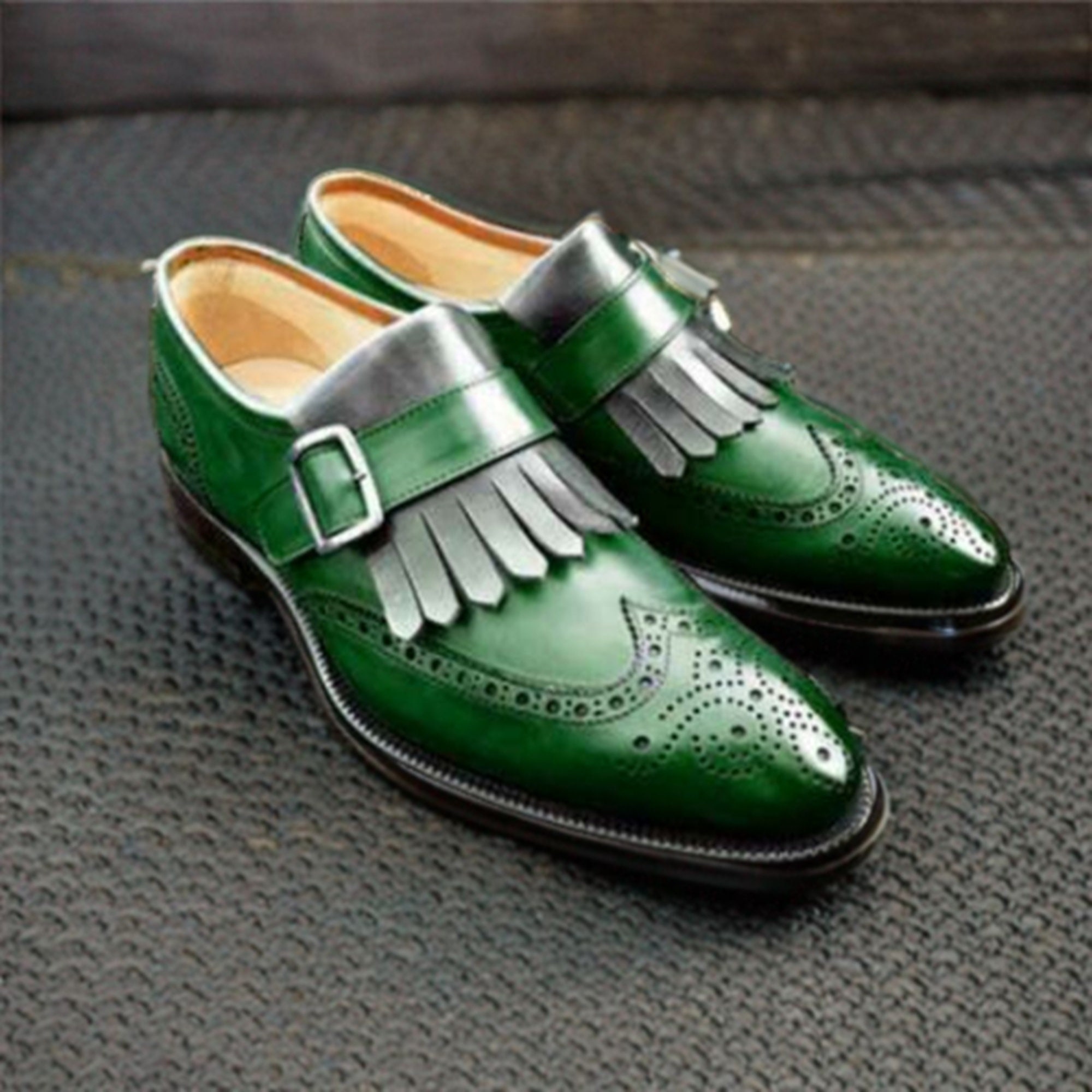 Men's New Handmade Leather Brogue Wingtip Shoes Green Grey Brogue ...