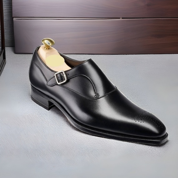 Handmade Men Black Shoes, Single Monk Strap Shoes, Men Formal Monk Shoes