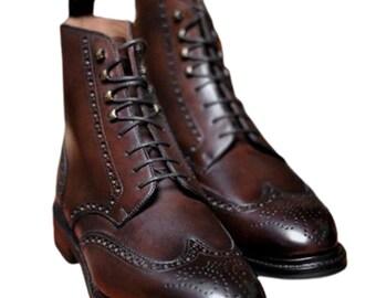 Men's Designer Handmade Dark brown genuine leather handmade ankle high brogue wingtip boots for men's long marching boots