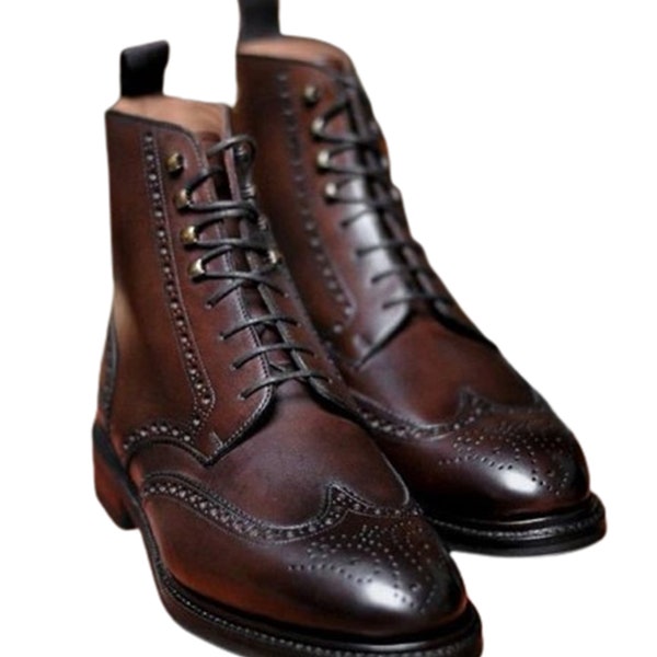 Men's Designer Handmade Dark brown genuine leather handmade ankle high brogue wingtip boots for men's long marching boots