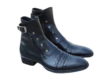 Handmade Black Leather Ankle High Combat Buckle Boot with Zipper and Button Ghost Style