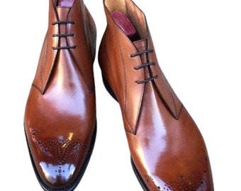 Men's Designer Handmade genuine tan brown leather men's chukka boots long ankle high lace up boots Men Style Boots