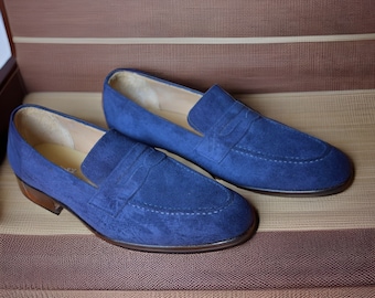 Zapatos de vestir con mocasines Penny de ante azul marino clásicos hechos a mano para hombre