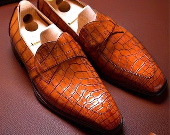 New Men’s Leather Shoes, Formal Crocodile Texture Leather Men Tan Brown Shoes Slip on Loafer Shoes