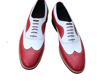 Men's Dress Shoes Red White Leather Classic Wingtip Oxford leather wingtip brogue dress man shoes For Handmade Lovers Men Style Shoes