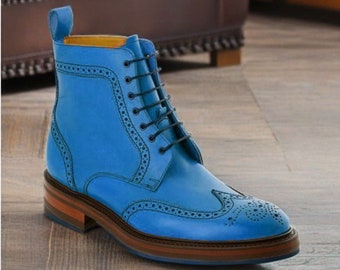 Men's Handmade Blue Leather Oxford Brogue Wingtip Lace Up Derby Boots Men Fashion