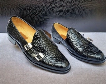 New Men’s Leather Shoes, Formal Crocodile Texture Leather Men Black Shoes Double Monk Strep Shoes